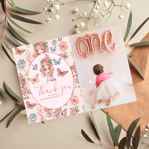 Tarjeta De Agradecimiento Foto Boho Fairy First Chica 1er cumpleaños