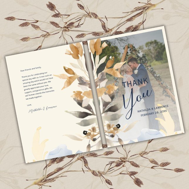 Tarjeta De Agradecimiento Foto Boho Gold Blue Foliage Winter Wedding (Boho Gold Dusty Blue Foliage Winter Wedding Photo Thank You Card)