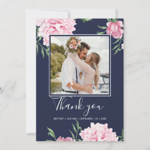 Tarjeta De Agradecimiento Foto Botánica de Peonía Rosa Floral Elegante Azul
