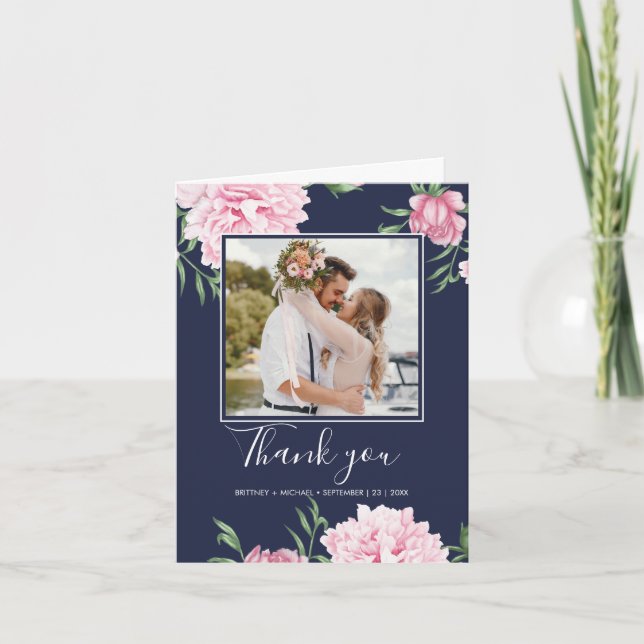 Tarjeta De Agradecimiento Foto Botánica De Peonia Rosa Floral Elegante Marin (Anverso)
