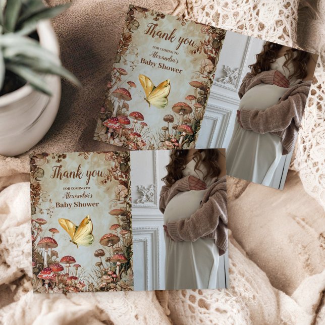 Tarjeta De Agradecimiento Foto Butterfly Mushroom Woodland Baby Shower (Subido por el creador)