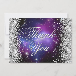 Tarjeta De Agradecimiento Foto celeste morada con brillo plateado brillante