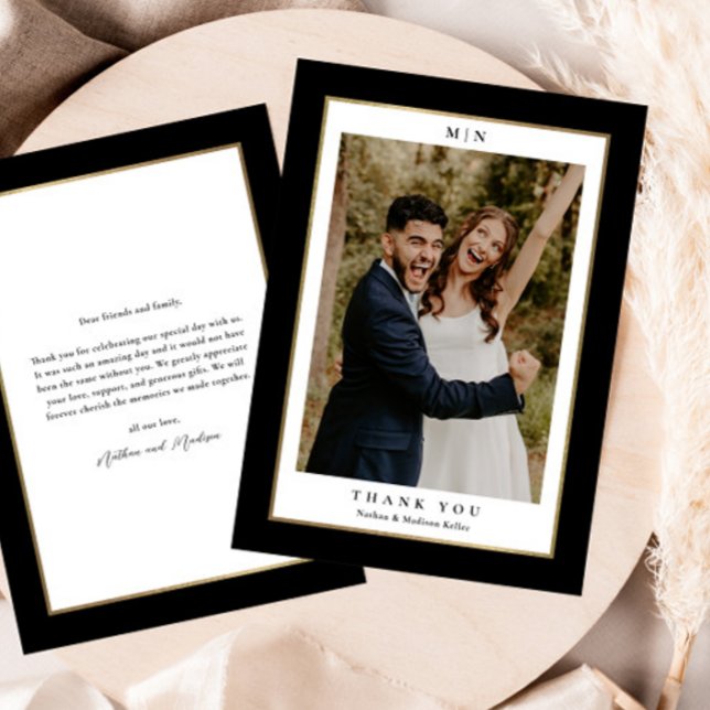 Tarjeta De Agradecimiento Foto clásica de Boda negro y oro (Elegant black and gold wedding photo thank you card.)
