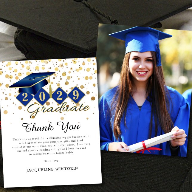 Tarjeta De Agradecimiento Foto clásica de graduación de oro azul (Classic Blue Gold Graduation Photo Thank You Card)