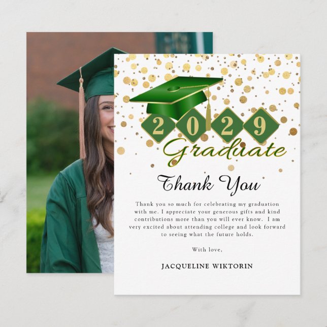 Tarjeta De Agradecimiento Foto clásica de graduación de oro verde (Anverso / Reverso)