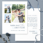 Tarjeta De Agradecimiento Foto con amor y gratitud, Boda azul<br><div class="desc">¡Gracias a sus invitados con esta elegante y moderna tarjeta de agradecimiento de boda de collage de tres fotos! Diseño blanco y azul limpio y sencillo con la frase "con nuestro amor y gratitud" en una mezcla de tipografía de bloques modernos y caligrafía escrita a mano moderna. Vuelve al área...</div>