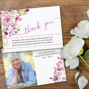 Tarjeta De Agradecimiento Foto con flores rosadas y púrpuras y guión Funeral