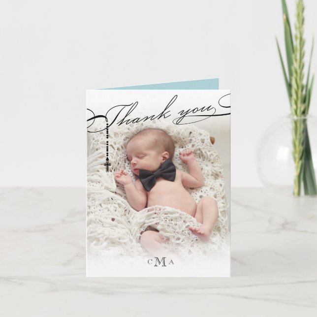 Tarjeta De Agradecimiento Foto con guión del monograma cruzado del rosario (Anverso)