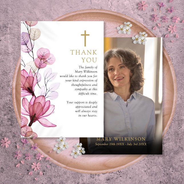 Tarjeta De Agradecimiento Foto Cristiana Floral Rosa De La Vida (Pink Floral Christian Celebration Of Life Photo Thank You Card)