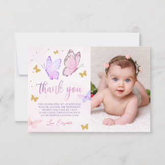 Tarjeta De Agradecimiento Foto Cumpleaños 1er Mariposa Rosa Púrpura Dorado N