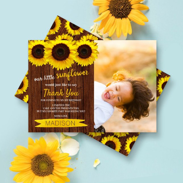 Tarjeta De Agradecimiento Foto cumpleaños de Little Sunflower Rustic Wood (Subido por el creador)