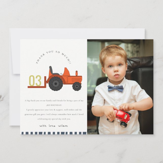 Tarjeta De Agradecimiento Foto Cumpleaños de los niños de Tractor de la Gran (Anverso)