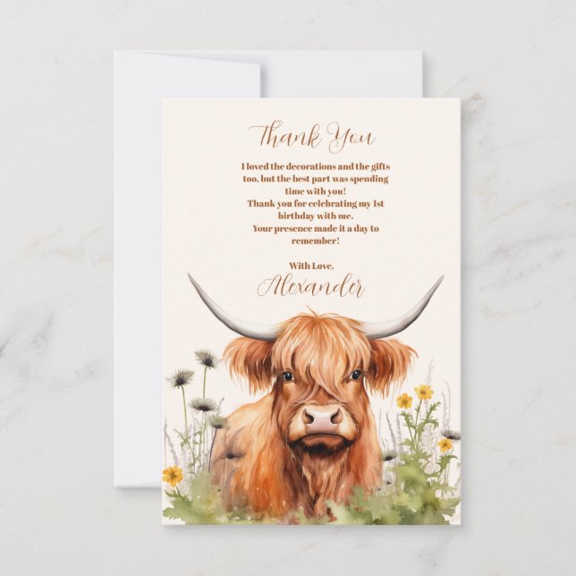 Tarjeta De Agradecimiento Foto Cute Highland Cow Primer cumpleaños (Anverso)