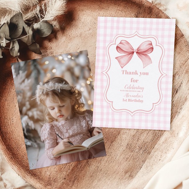 Tarjeta De Agradecimiento Foto Cute Rosa Coquette Primer Cumpleaños (Subido por el creador)