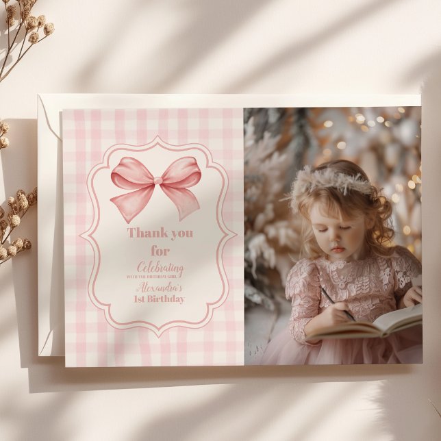 Tarjeta De Agradecimiento Foto Cute Rosa Coquette Primer Cumpleaños (Subido por el creador)