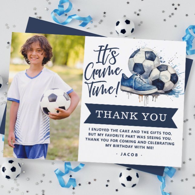 Tarjeta De Agradecimiento Foto de Acuarela de Fútbol Infantil en Azul Marino (Subido por el creador)