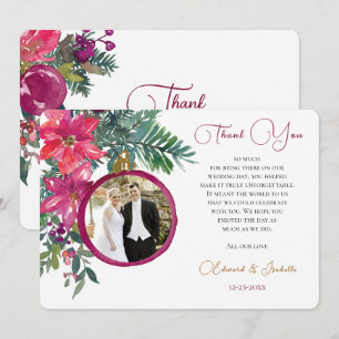 Tarjeta De Agradecimiento Foto de adorno floral de Navidad rosa elegante