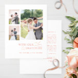 Tarjeta De Agradecimiento Foto de amor y gratitud Boda rosa de Rubor<br><div class="desc">¡Gracias a sus invitados con esta elegante y moderna tarjeta de agradecimiento de boda de collage de tres fotos! Diseño blanco y sencillo, rosa y melocotón con la frase "con nuestro amor y gratitud" en una mezcla de tipografía moderna de bloques y caligrafía moderna escrita a mano. Vuelve al área...</div>
