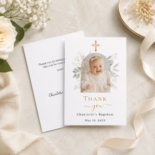 Tarjeta De Agradecimiento foto de arco de bautizo niña floral blanca