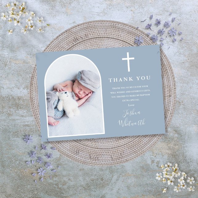 Tarjeta De Agradecimiento Foto de Arco Elegante Bautizo Azul Polvo (Elegant Arch Photo Dusty Blue Baptism Thank You Card)