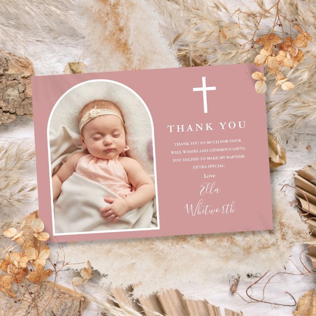 Tarjeta De Agradecimiento Foto de Arco Elegante Rosa Polvo Bautizo (Elegant Arch Photo Dusty Rose Pink Baptism Thank You Card)
