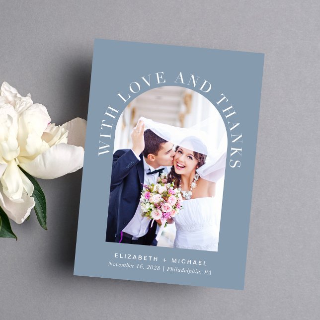 Tarjeta De Agradecimiento Foto de arte moderno Boda azul turbulento (Celebrate your love story with a thank you card showcasing your photo in an elegant arch frame)