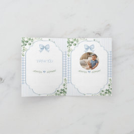 Tarjeta De Agradecimiento Foto de Baby Shower con lazo azul y cuadros escoce