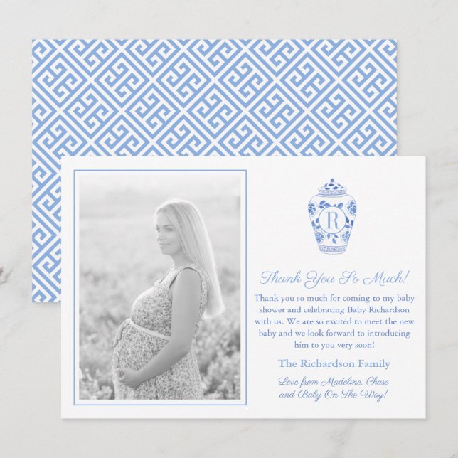 Tarjeta De Agradecimiento Foto de Baby Shower con Monograma Azul y Blanco (Anverso / Reverso)