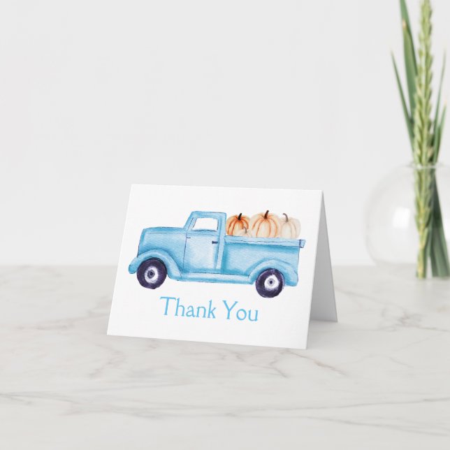 Tarjeta De Agradecimiento Foto de Baby Shower de Blue Little Pumpkin Truck (Anverso)