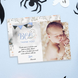 Tarjeta De Agradecimiento Foto de Baby Shower de Little Boo Blue Halloween G