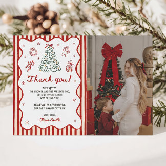 Tarjeta De Agradecimiento Foto de Baby Shower de Navidad con raya roja