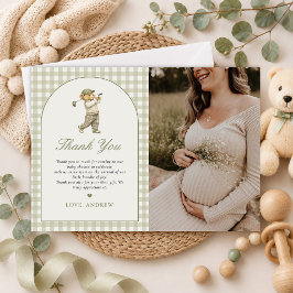 Tarjeta De Agradecimiento Foto de Baby Shower de Niño de Golf con Gingham Ve