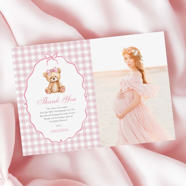 Tarjeta De Agradecimiento Foto de Baby Shower de Pink Bow Gingham Teddy Bear (Subido por el creador)