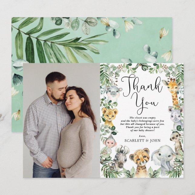 Tarjeta De Agradecimiento Foto de Baby Shower de Safari Animals Jungle Green (Anverso / Reverso)