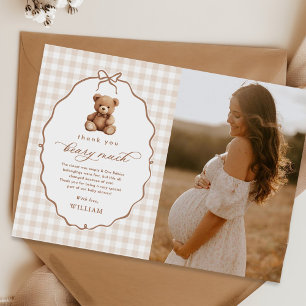 Tarjeta De Agradecimiento Foto de Baby Shower Neutral Gingham Teddy Bear