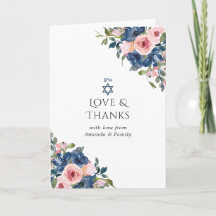 Tarjeta De Agradecimiento Foto de Bat Mitzvah floral en acuarela azul marino