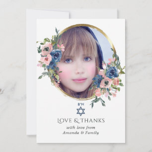 Tarjeta De Agradecimiento Foto de Bat Mitzvah floral en acuarela azul marino