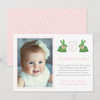 Tarjeta De Agradecimiento Foto De Bautismo De Conejito Rosa Y Verde Preppy