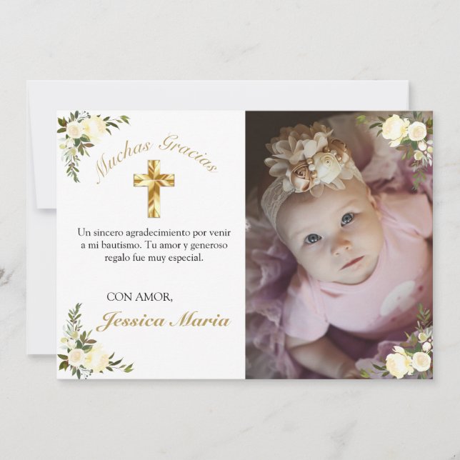 Tarjeta De Agradecimiento Foto De Bautismo De Cruz De Oro Floral Gracias (Anverso)