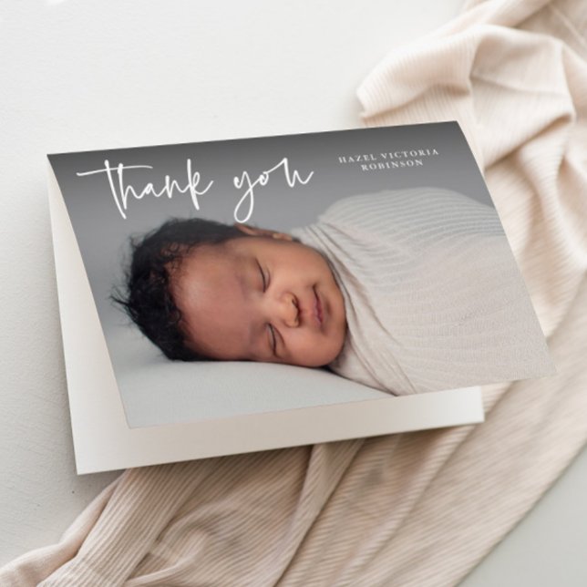 Tarjeta De Agradecimiento Foto de Bautizo con Letra Moderna  (Modern script typography overlay photo baptism thank you card.)