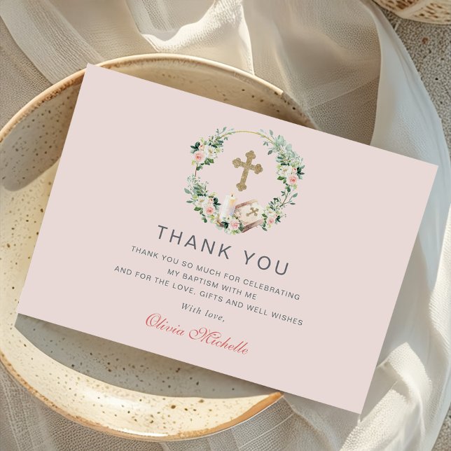 Tarjeta De Agradecimiento Foto de Bautizo de Niña con Flores (Subido por el creador)