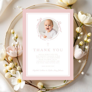 Tarjeta De Agradecimiento Foto de Bautizo de Niña con Lazo Rosa Elegante