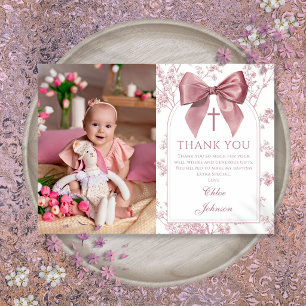 Tarjeta De Agradecimiento Foto de Bautizo de Niña con Lazo Rosa Vintage Flor