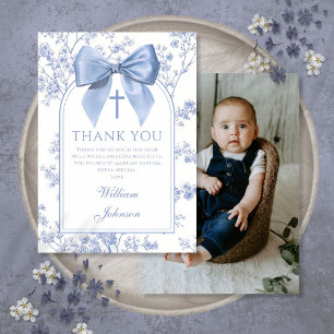 Tarjeta De Agradecimiento Foto de Bautizo de Niño con Arco Floral Azul Vinta
