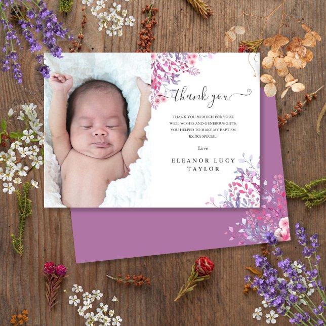 Tarjeta De Agradecimiento Foto de bautizo floral de flor silvestre (Wildflower Floral Baptism Christening Photo Thank You Card)