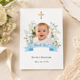 Tarjeta De Agradecimiento Foto de bautizo flores azules y blancas niño