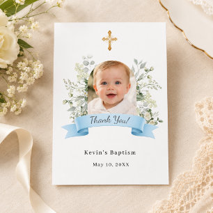 Tarjeta De Agradecimiento Foto de bautizo flores azules y blancas niño
