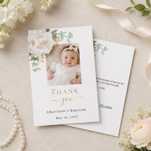 Tarjeta De Agradecimiento Foto de bautizo niña floral blanca