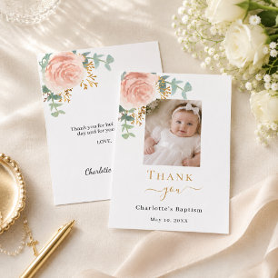 Tarjeta De Agradecimiento Foto de bautizo niña floral rosa