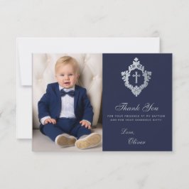 Tarjeta De Agradecimiento Foto de Bautizo Niño Cruz Crest Plata Navy Vintage